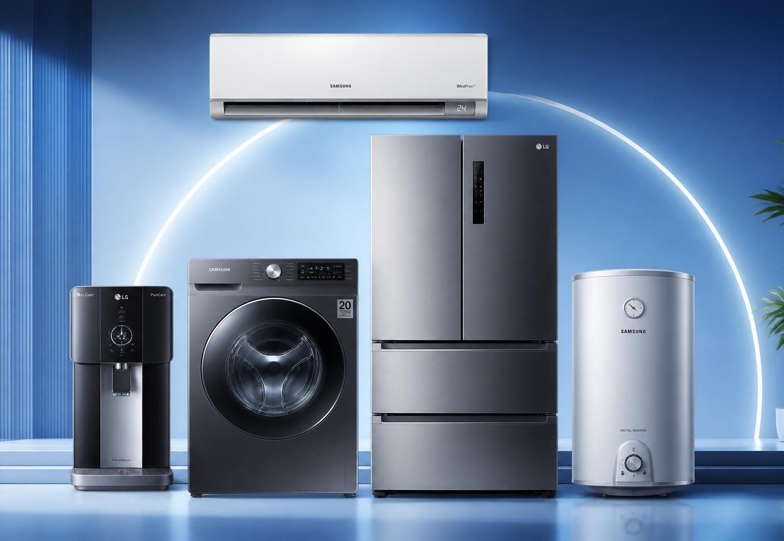 Home appliances serviced by Raj Cool Tech — AC, refrigerator, washing machine, water heater and RO purifier
